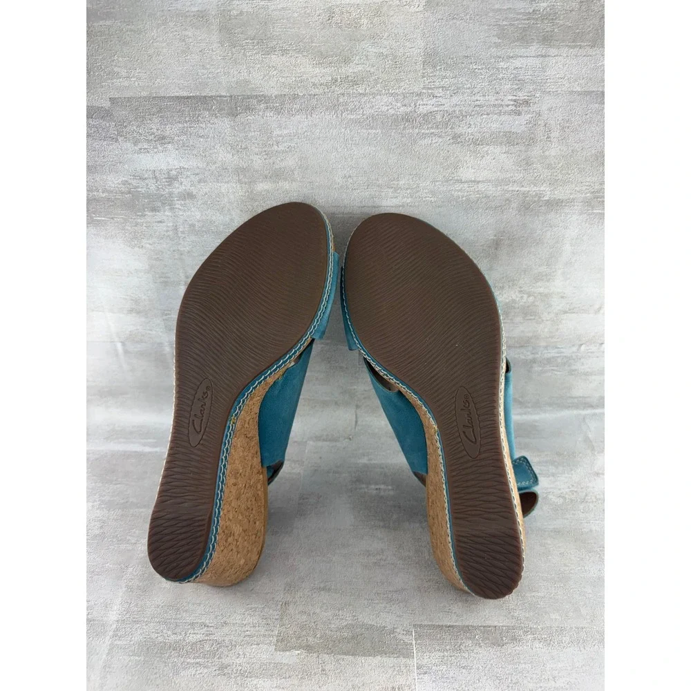 Clarks Teal Blue Nubuck Leather Cork Wedge Sandals Peep Toe Women Sz 11 M